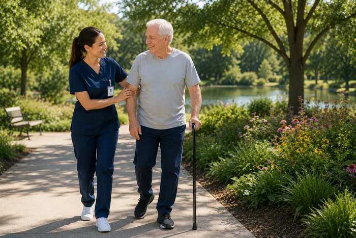 A caregiver walks alongside a senior client with a cane through a park.
