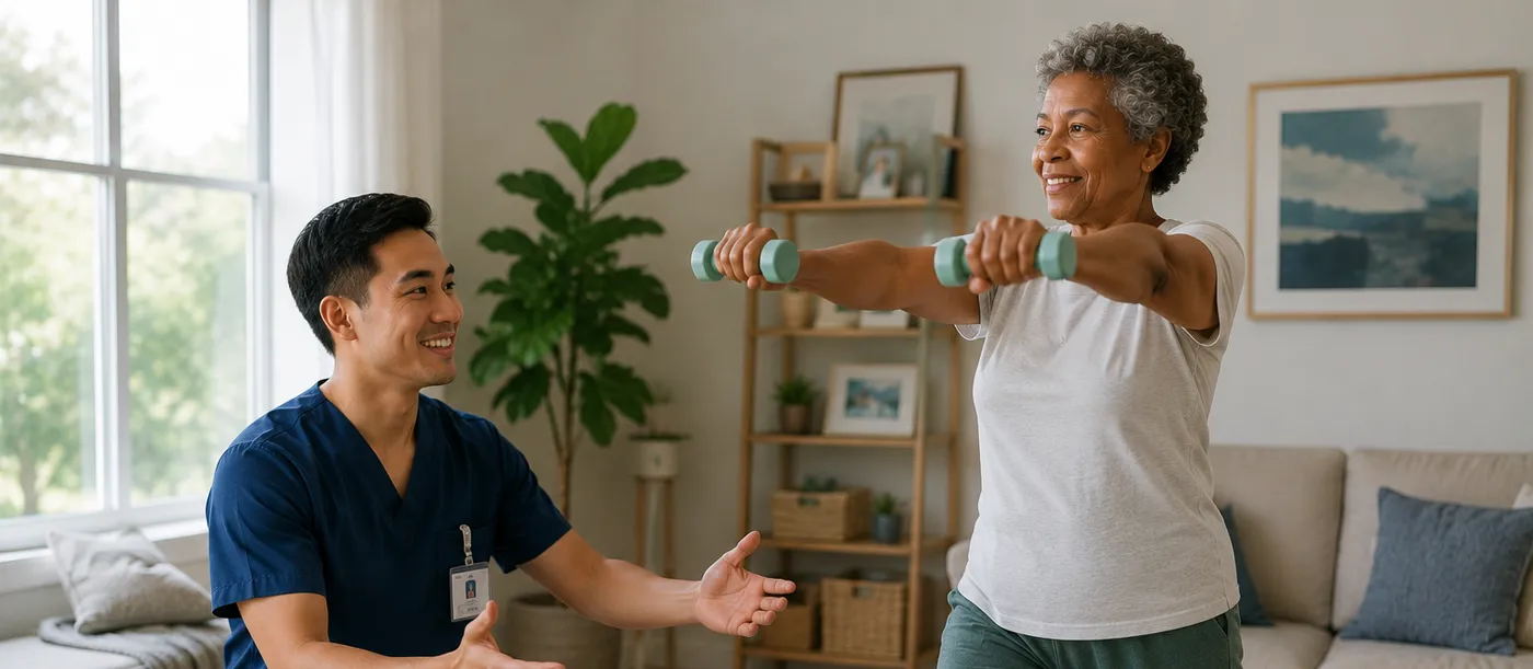 A caregiver assists a senior client with light strength exercises at home.