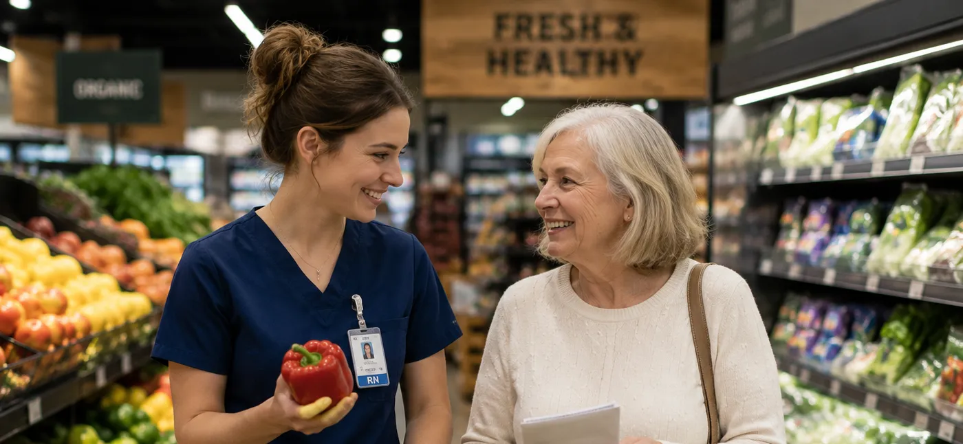 A caregiver helps a senior client with grocery shopping.
