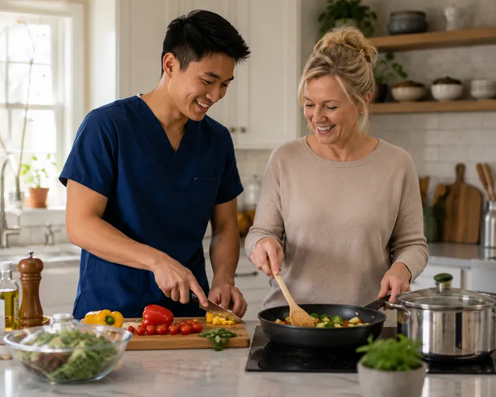 A caregiver and client cook a meal together in the kitchen.