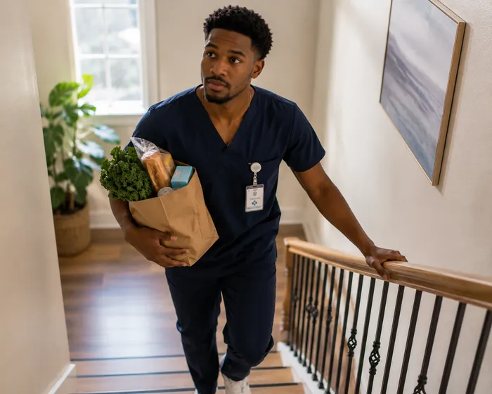 A caregiver carries groceries into a client's home.
